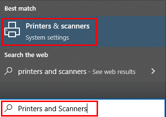 Printers & Scanners settings opened from Windows desktop search bar.