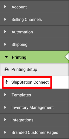 Barra lateral izquierda de configuración. En el menú desplegable Printing (Impresión), se destaca la opción ShipStation Connect mediante el cuadro rojo.