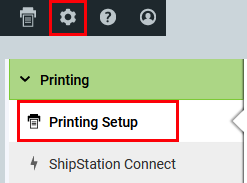 La ruta Configuración, Impresión, Configuración de impresión está destacada en ShipStation.