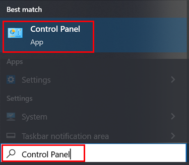 Control Panel app opened from Windows desktop search bar results.