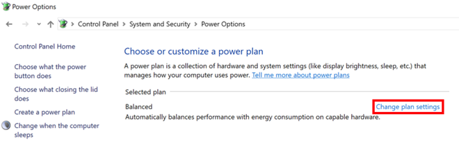 Windows Power Options settings open to "Choose or customize a power plan" screen. "Change plan settings" link highlighted.
