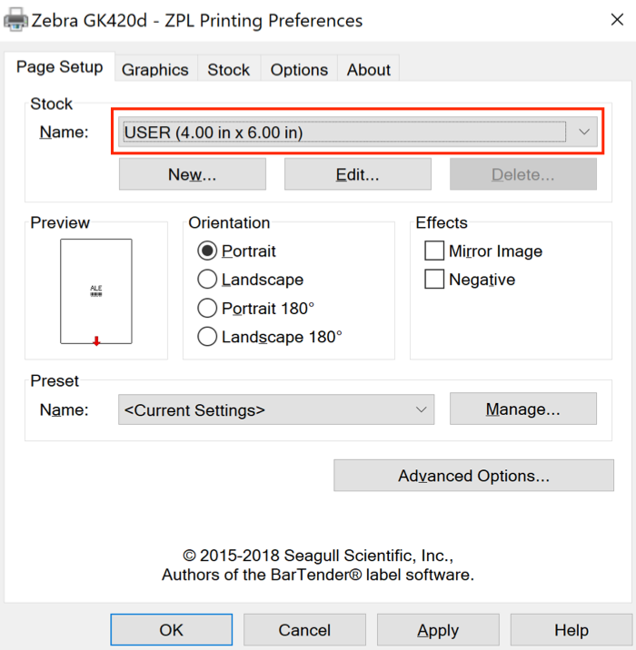 Windows Printing Preferences Page Setup tab open with page size set to 4 by 6 inches.