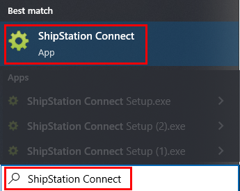 La aplicación ShipStation Connect se encuentra en la barra de búsqueda del escritorio de Windows. Haz clic en la lista de resultados para iniciar.