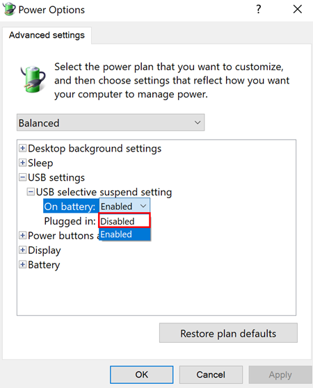 La configuración avanzada de Opciones de energía de Windows está abierta con la Configuración de suspensión selectiva de USB Con batería establecida en Desactivada.