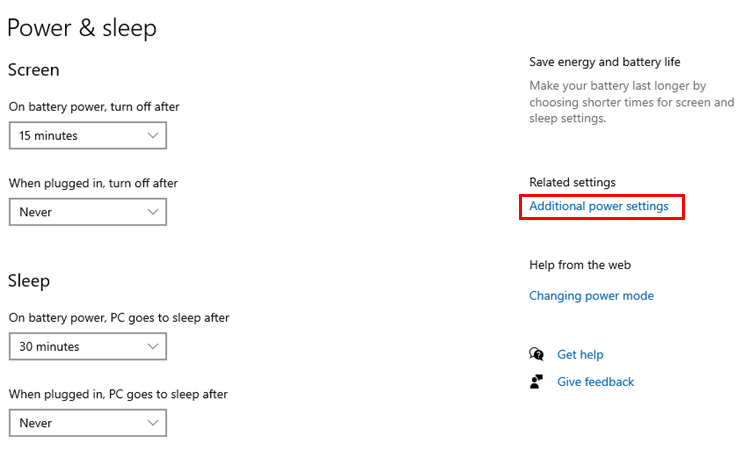 Enlace "Configuración adicional de energía" resaltado en la página de Configuración de energía y reposo de Windows.