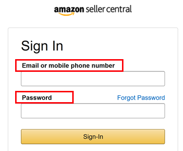 Login screen for Amazon Seller Central with Email or Phone Number and Password fields highlighted.