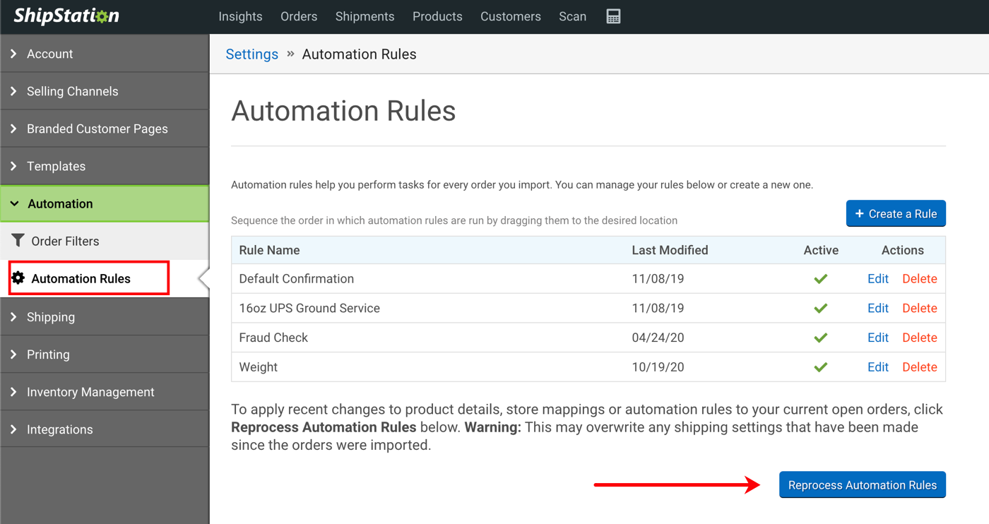 Automation Rules. Arrow points to Reprocess Automation Rules button.