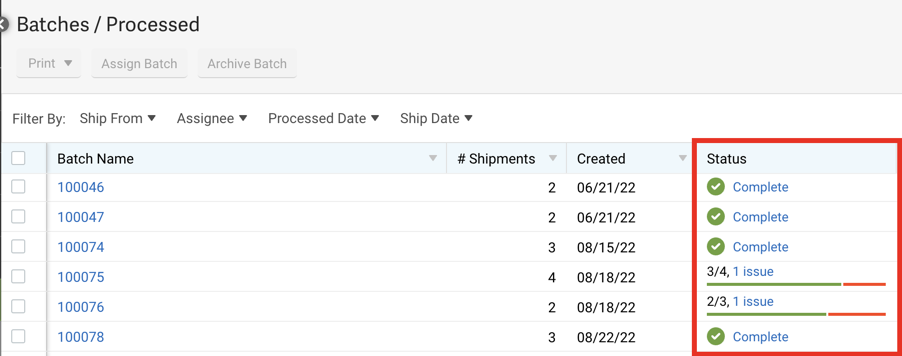 Batch Processed status screen with status section highlighted.