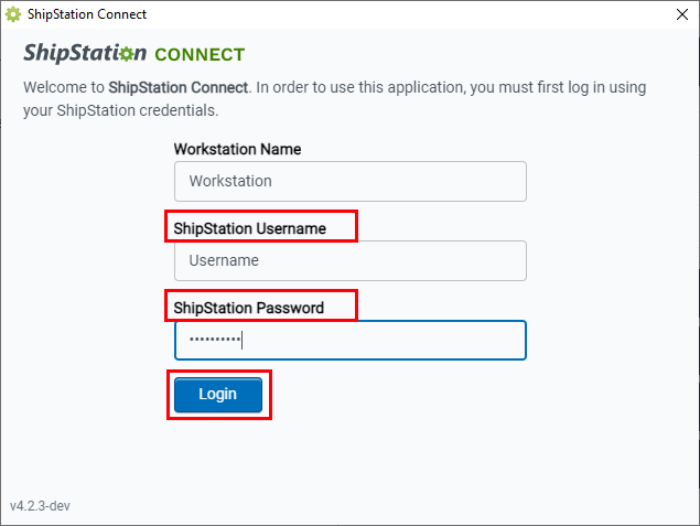 ShipStation Connect login screen is shown with the Username and password fields highlighted.
