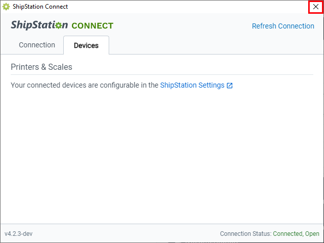 ShipStation Connect está abierta con la X para cerrar la aplicación destacada.