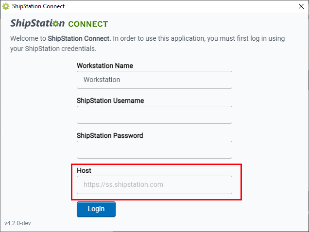 The Connect login screen is displayed with the Host field highlighted.
