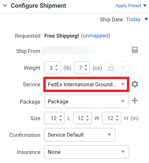 V3 Detalles del pedido que muestran la sección configuración de envío. En servicio, se ha seleccionado FedEx International Ground.