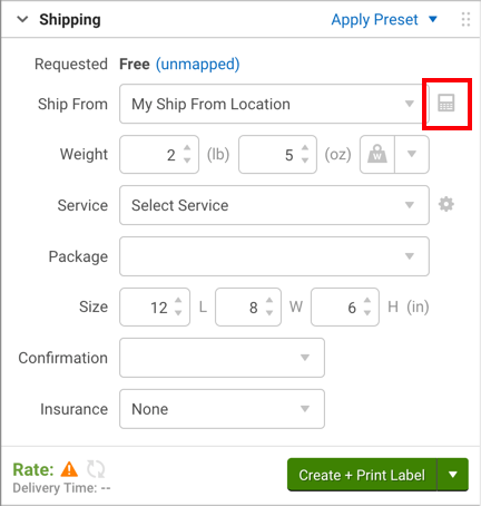 Configure Shipment widget with rate calculator next to the Ship From drop-down highlighted