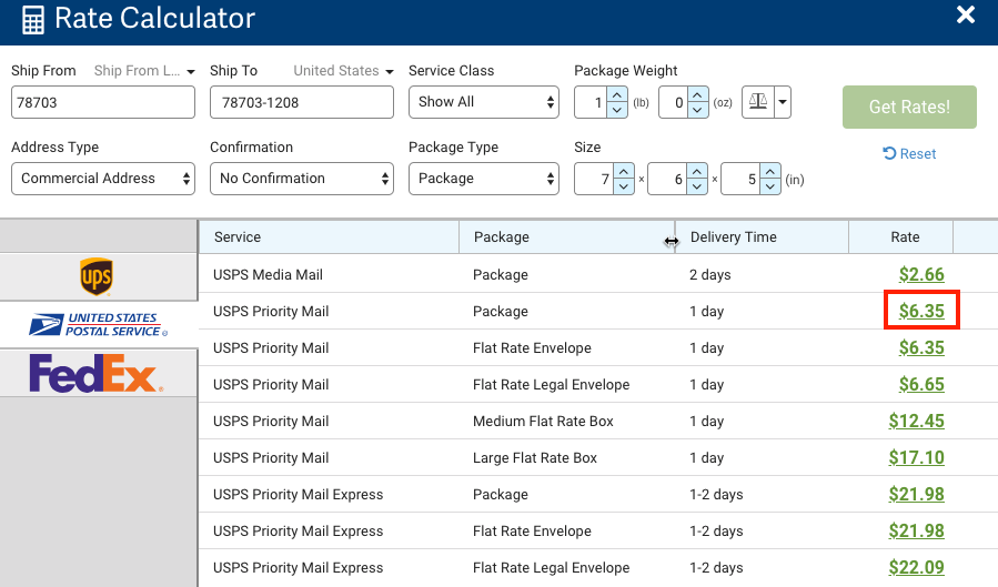 Rate calculator pop-up. Red box highlights rate of $6.35