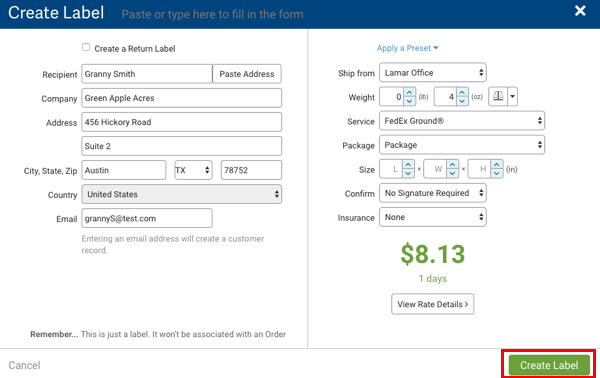 Create Label pop-up. Shows rate with Rate calculator. Red box highlights Create Label button.