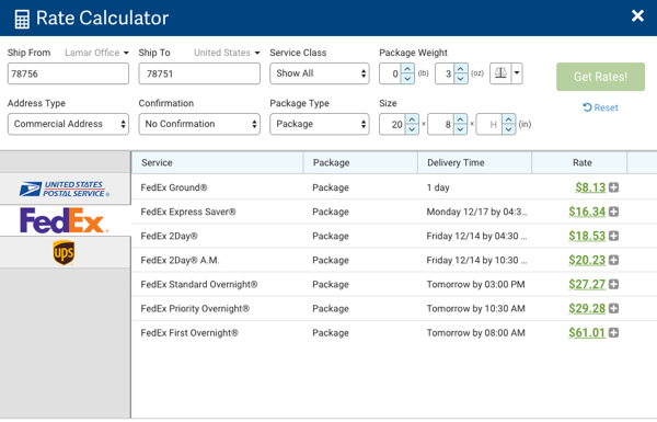 Rate Calculator pop-up. Shows sample information with FedEx Services, Packages, Delivery Times, & Rates