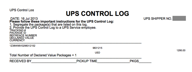 UPS "Control Log" high-value report sample