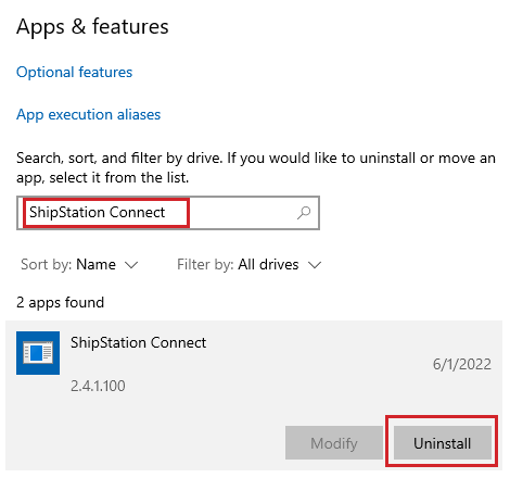 ShipStation Connect located in Windows Apps & Features Search. "Uninstall" button highlighted by red box.