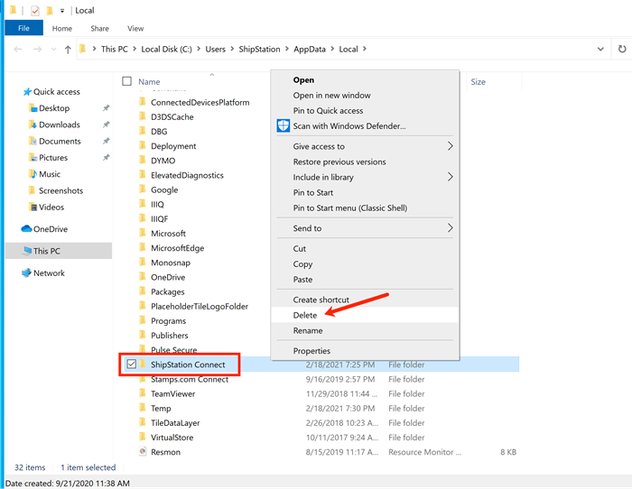 Explorador de archivos de Windows abierto. Se abre el menú para la carpeta ShipStation Connect, con la opción Eliminar seleccionada.