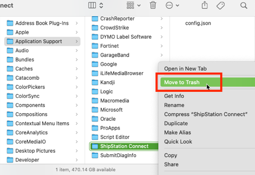 En el buscador de Mac, el menú de la carpeta ShipStation Connect se abre con la opción "Mover a la papelera" seleccionada.