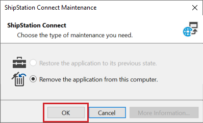 Ventana de mantenimiento de ShipStation Connect. Opción "Eliminar la aplicación de esta computadora" seleccionada. Botón Aceptar resaltado.