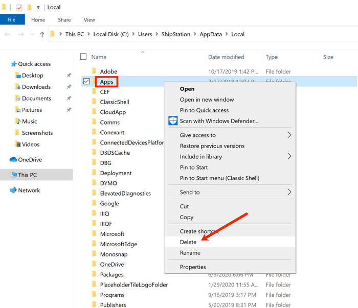 Windows file explorer open. Menu open for Apps folder, with Delete option selected.