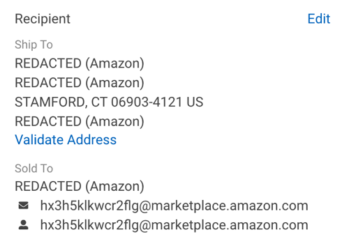 Sección de detalles del destinatario del pedido con la información del cliente de Amazon eliminada