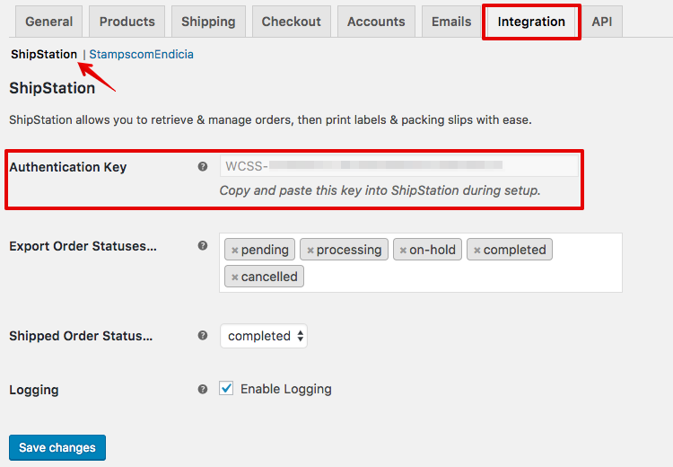 WooCommerce Integration tab with arrow pointing to ShipStation tab and Authentication Key section highlighted.