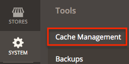 Magneto v2 Systemmenü mit hervorgehobener Cache-Management-Option.