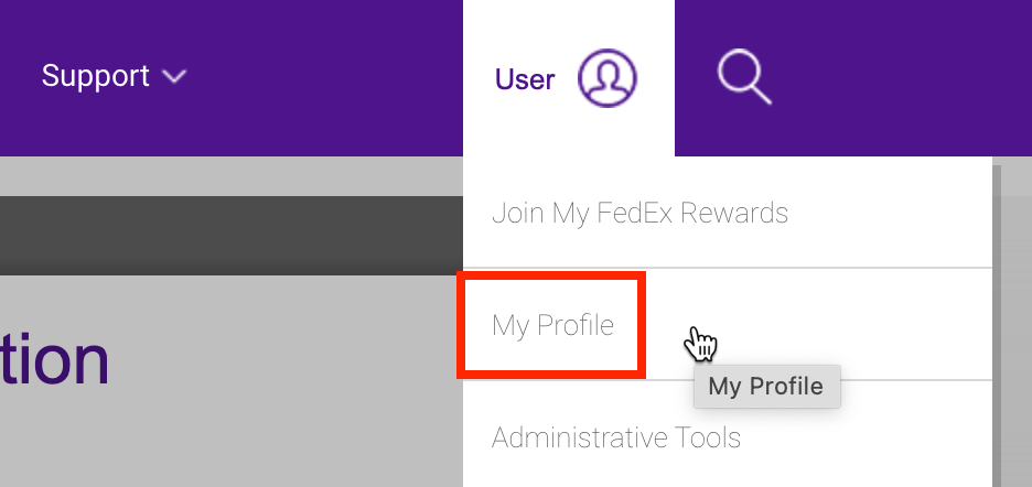 FedEx homepage with the User menu open and My Profile selected