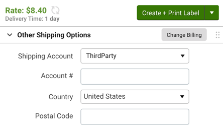 Shipping sidebar other shipping options shows ThirdParty as Shipping Account