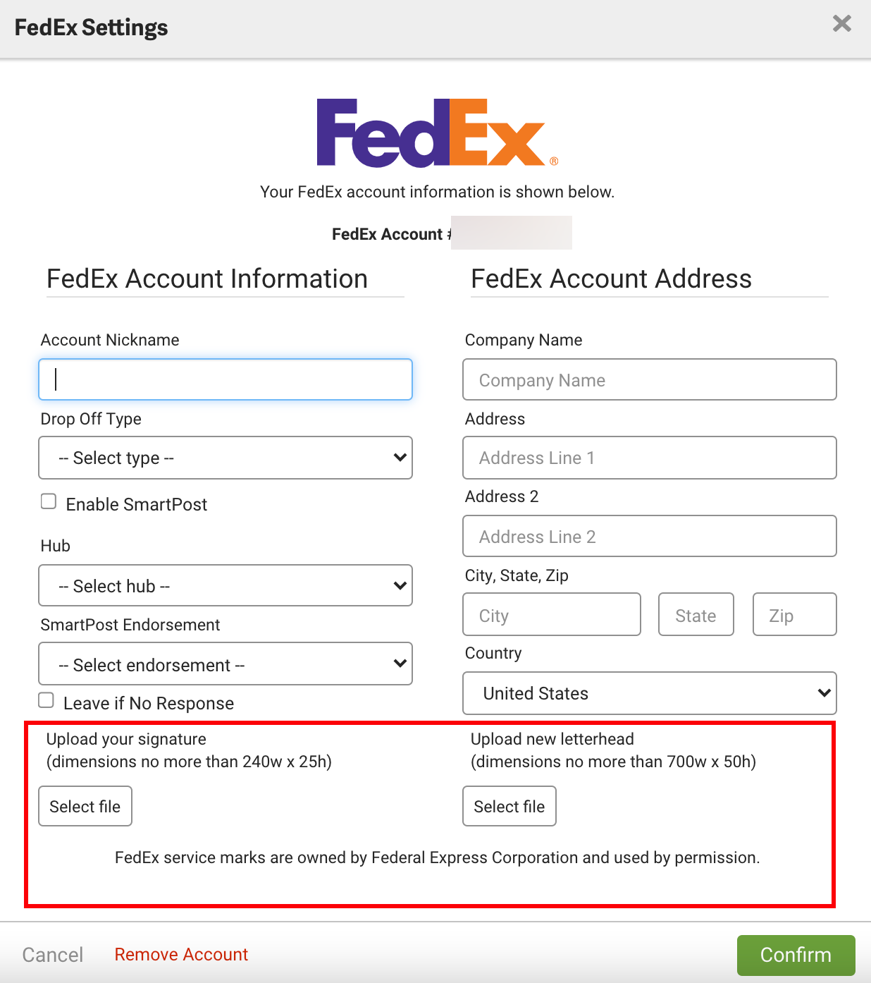 Ventana emergente de configuración de FedEx con la sección Cargar firma y Cargar membrete descrita