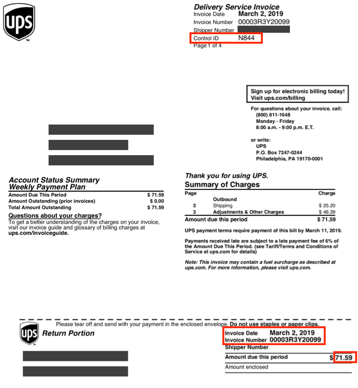 Ejemplo de factura de UPS con número de ID de control, fecha de factura, número de factura y monto adeudado resaltados.