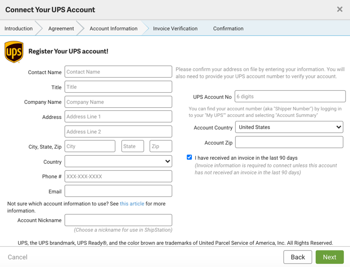 Primer plano del formulario para conectar una cuenta de UPS.