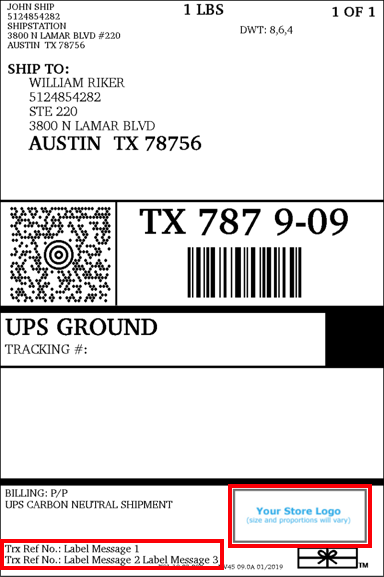 Etiqueta UPS con el logotipo y las ubicaciones de los mensajes resaltadas.