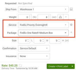 Widget de configuración de envíos de ShipStation con el servicio establecido en FedEx Priority Overnight y el paquete configurado en la casilla de FedEx One Rate