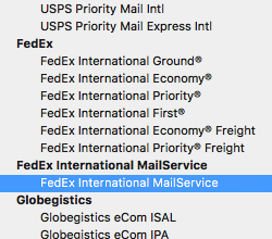 Menu déroulant des services FedEx, FedEx International MailService est sélectionné