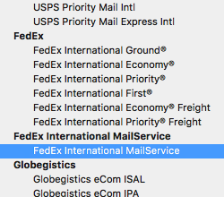 FedEx service drop-down with FedEx International MailService