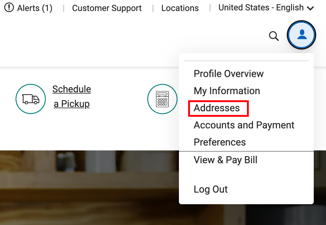 UPS Profile menu with Addresses item highlighted.