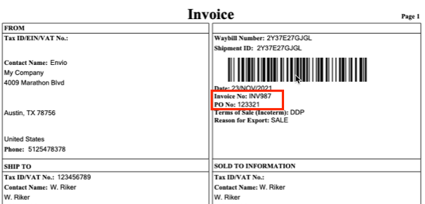 Ejemplo de factura comercial de UPS con los campos "N° de factura" y "N° de orden de compra" resaltados en el cuadro rojo.