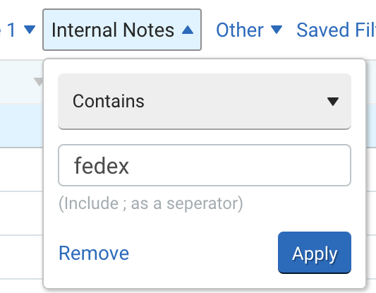 Archivos de notas internas configurados en "contiene" con el valor establecido como "fedex"