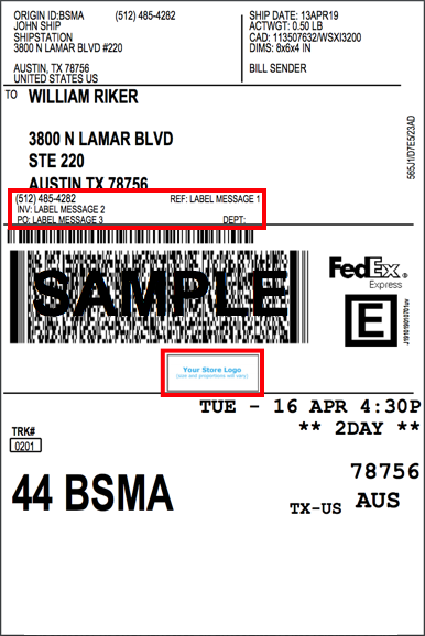 Etiqueta de muestra de FedEx con el logotipo y el área de mensajes resaltados.