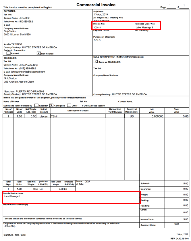 Facture commerciale FedEx, le numéro de facture et les instructions spéciales sont encadrées en rouge.