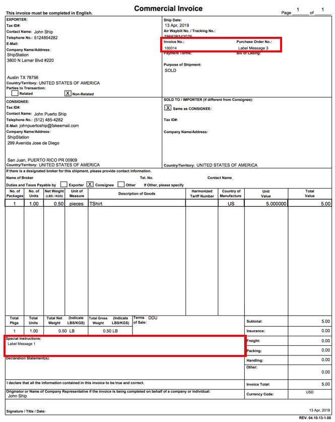 FedEx Commercial Invoice Invoice number and special instructions highlighted.