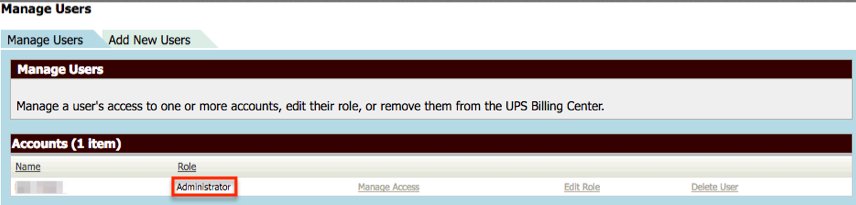 Menú Administrar usuarios de UPS con el rol Administrador resaltado.