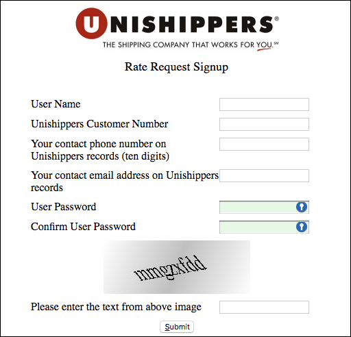Formulario de registro de Unishippers