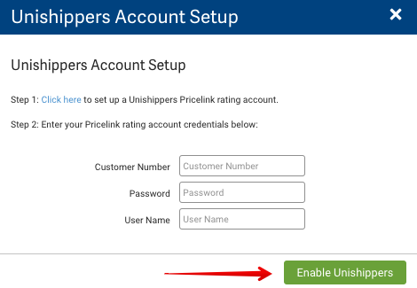 Formulario de configuración de cuenta de UPS Unishippers con una flecha apuntando al botón Habilitar Unishippers.