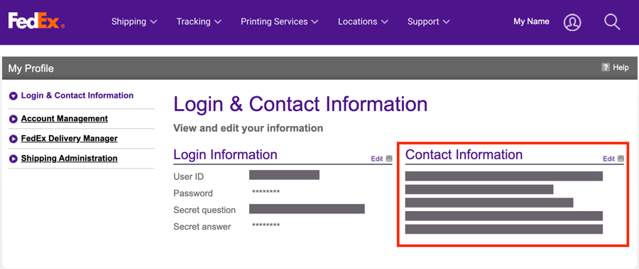 Página Mi perfil de Fedex con la información de contacto resaltada