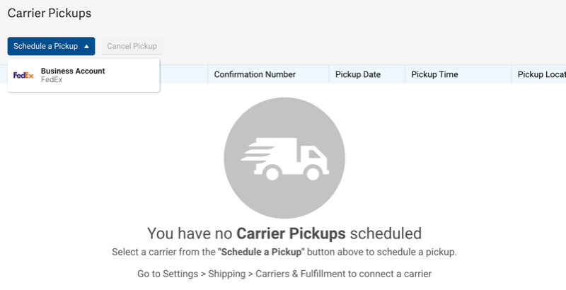Schedule a pickup drop-down menu with FedEx account selected