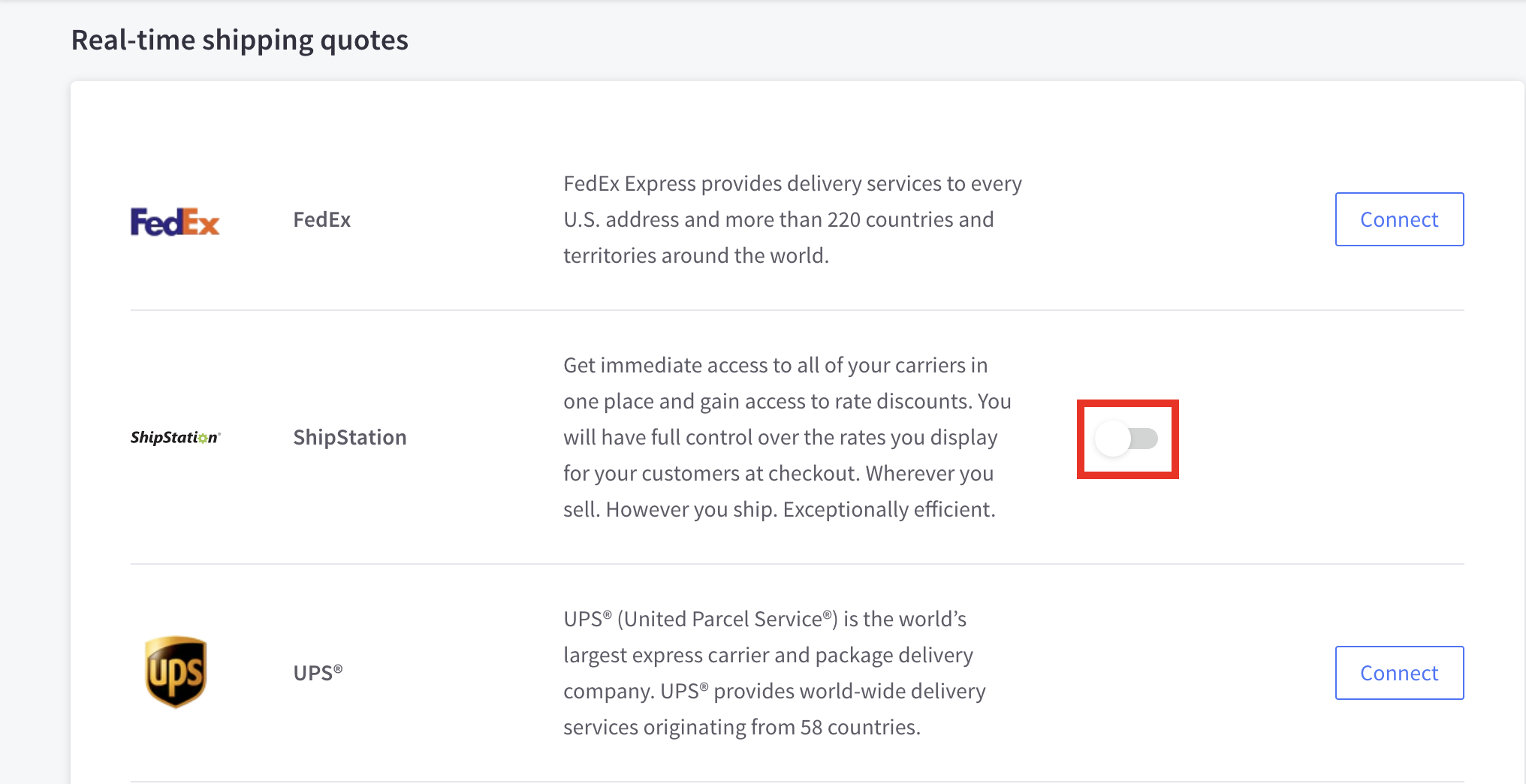 BigCommerce account: Real-time shipping quotes page. Red box highlights toggle to switch on rates from ShipStation.